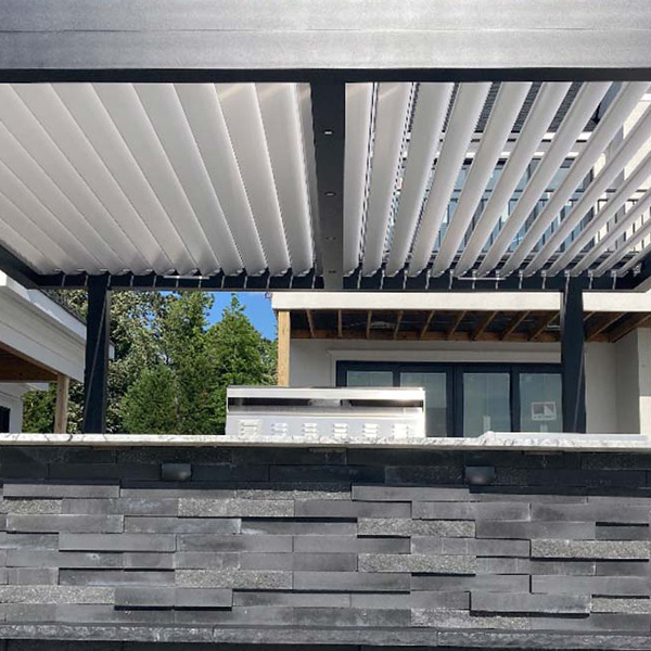 Louvered pergola system and dimmable lights