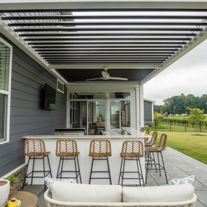 Stools, bar and pergola for a residential outdoor space, Virginia, VA. Azenco Outdoor