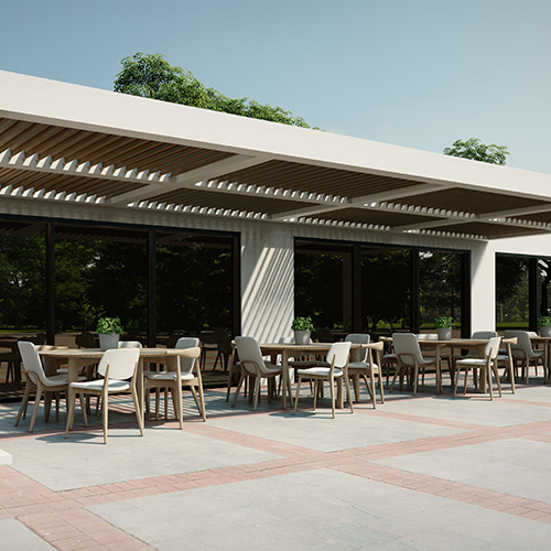 R-Breeze patented pergola system by Azenco. Ideal for commercial projects